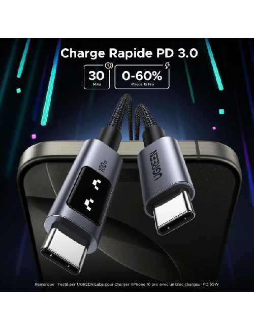 UGREEN CABLE USB-C VERS USB-C 5A/100W 1M Gris (70427)