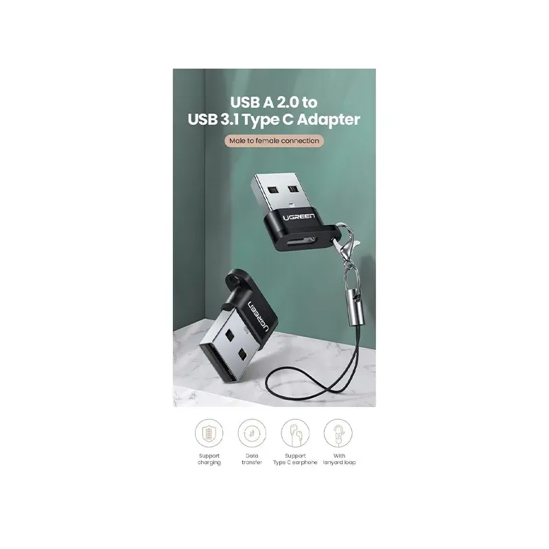 UGREEN ADAPTATEUR USB-A MALE 2.0 TO USB-C FEMALE NOIR (50568)