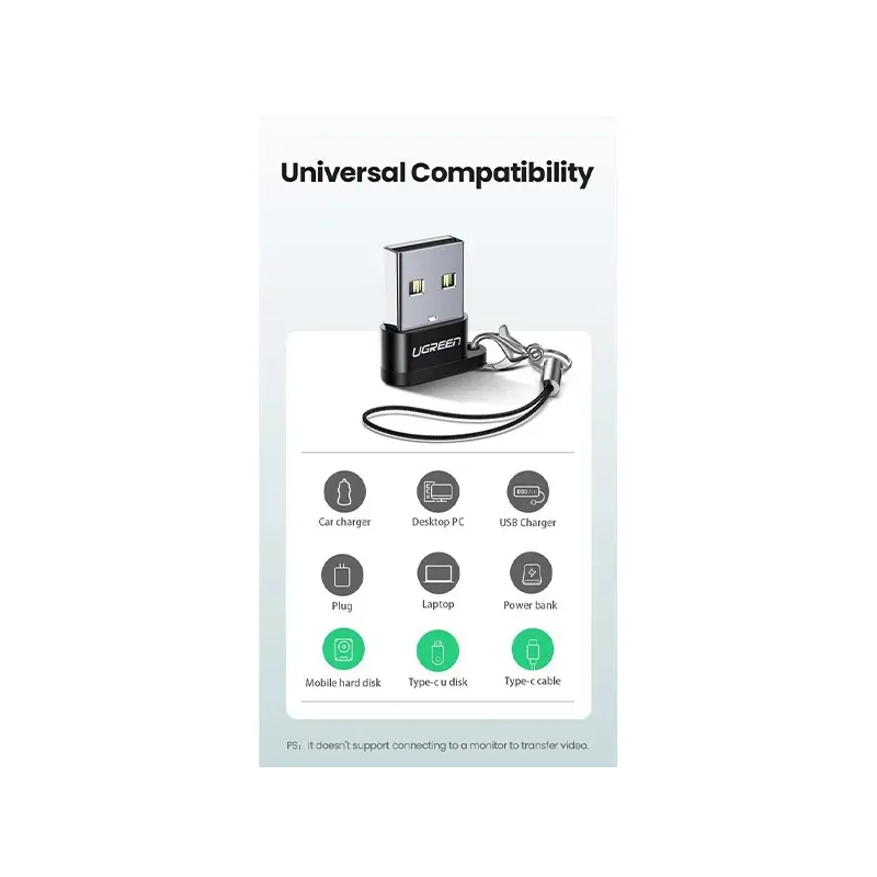 UGREEN ADAPTATEUR USB-A MALE 2.0 TO USB-C FEMALE NOIR (50568)