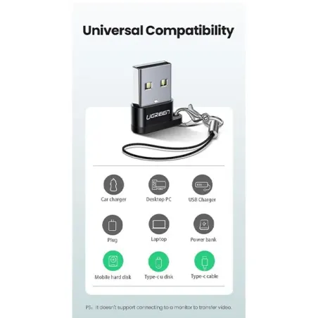 UGREEN ADAPTATEUR USB-A MALE 2.0 TO USB-C FEMALE NOIR (50568)
